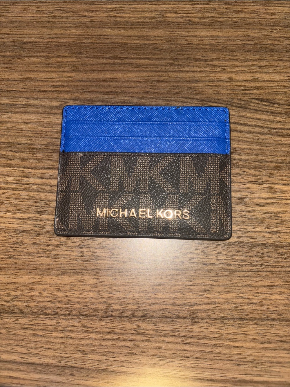 Michael Kors Blue & Brown Signature Card Holder with Gold Logo